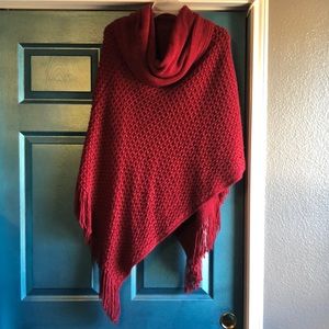 Fringed red knit cowl neck  poncho